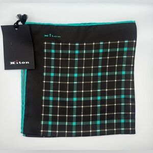 100% NWT KITON Silk Pocket Square  Brown - Turquoise. (15 X 15)